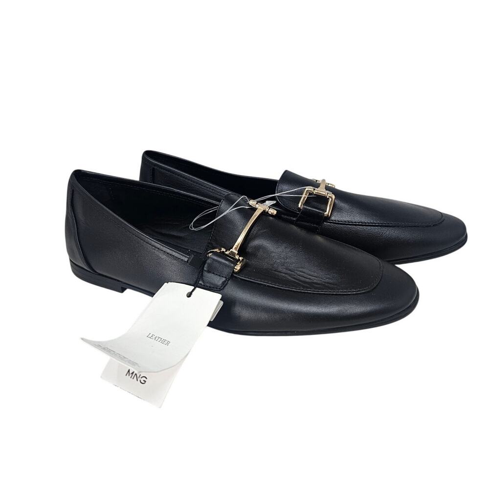 NEW Mango 40 Black Leather Loafer Flat Gold Horsebit Academia Minimalist Classic